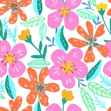 Colorful psychedelic tropical seamless pattern with red and orange flowers. Stock Photos