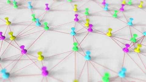 Colorful pushpins and thread network model on a pinboard, conceptual 3D Stock Illustration