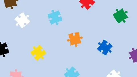 Colorful puzzle elements spread on blue horizontal background. Stock Illustration