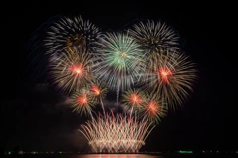 Colorful Pyrotechnic Fireworks Display Exploding In Night Sky During Festiv.. 库存照片