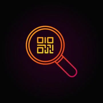Colorful QR code in magnifying glass icon or symbol on dark back Stock Illustration
