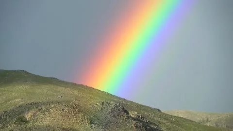 Colorful rainbow after rainfall over field - Rural landscape and sky Stock Footage 339826245