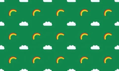 Colorful rainbow and cloud pattern on green background Stock Illustration