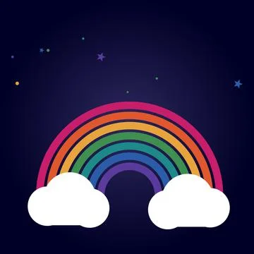 Colorful rainbow arch with white clouds over dark blue starry night backgro.. Stock Illustration