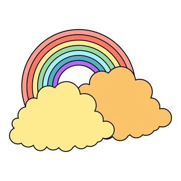 Colorful rainbow arching over fluffy clouds drawing Ilustração Stock