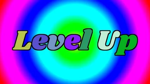 Colorful rainbow backdrop with level up text logo Stock Illustration