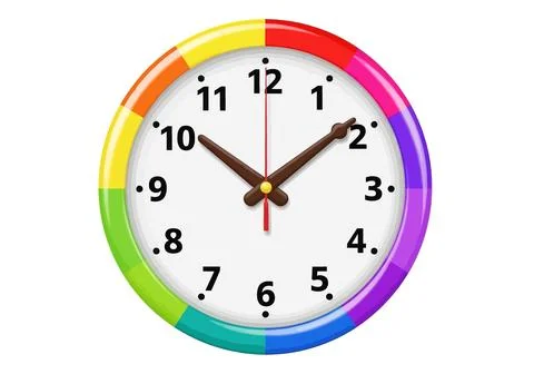 Colorful Rainbow Clock Face with Hands - Time Learning Tool Ilustração Stock