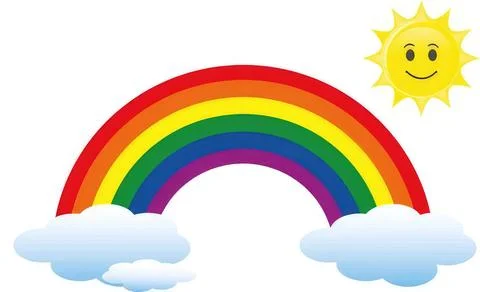 Colorful rainbow with clouds and smiling sun in the sky Stock Illustration