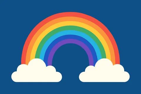 Colorful Rainbow with Clouds on Blue Background Illustration Stock Illustration