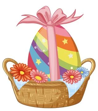 Colorful Rainbow Easter Egg with Pink Ribbon in Wicker Basket Illustrazione stock