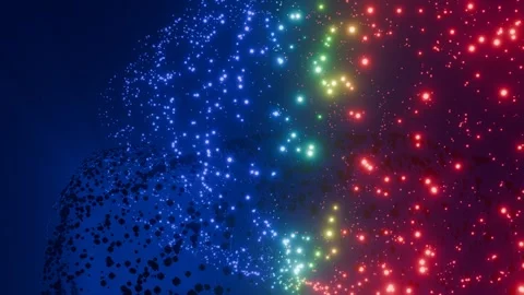 Colorful Rainbow Glowing Particles Orbiting Dark Spheres Asteroids space Stock Footage 308380977