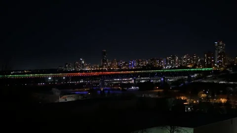 Colorful Rainbow LED Lights on Edmonton High Level Bridge Cityscape Stock Footage 337253114