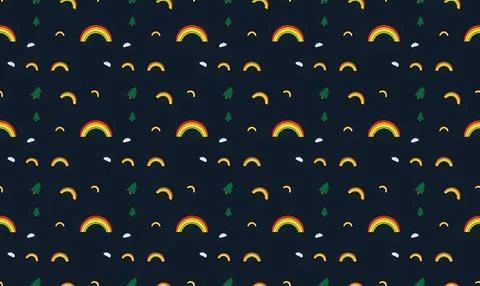 Colorful rainbows and clouds pattern on dark background Stock Illustration