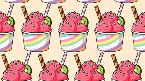 Colorful Raspberry Ice Cream Sundae Pattern with Kiwi and Wafer Stock Footage 339983577