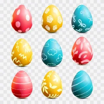 Colorful realistic 3d Easter eggs set. Holiday design elements collection. Mu Illustrazione stock