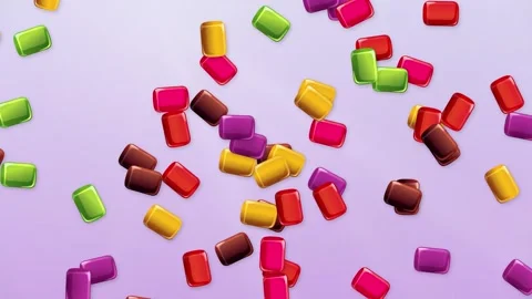 Colorful Rectangular Candy Pieces Bursting Over a Light Purple Background Stock Footage 344836393