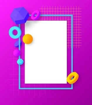 Colorful rectangular frame with geometric 3D elements. Trendy design. Vector Stock Illustration