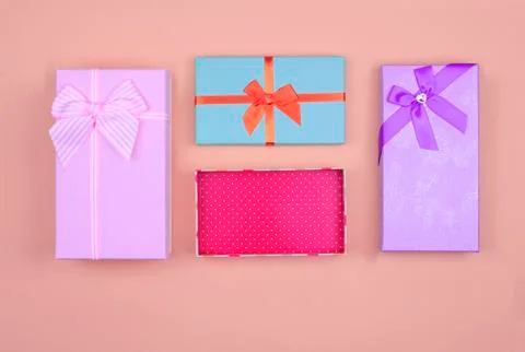 Colorful rectangular gift boxes with bow. Top View. Stock Photos