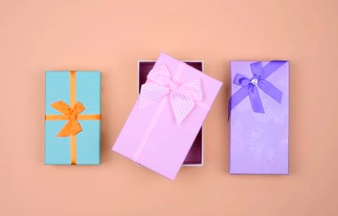 Colorful rectangular gift boxes with bow. Top View. Stock Photos