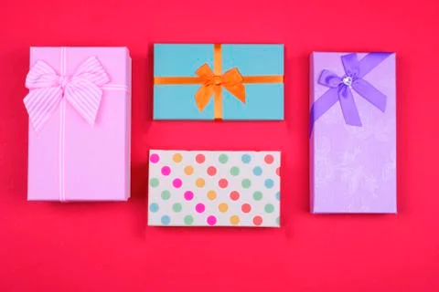 Colorful rectangular gift boxes with bow. Top View. Stock Photos