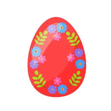 Colorful red Easter egg, with green leaves, and flowers. hand drawn. vector Stock Illustration
