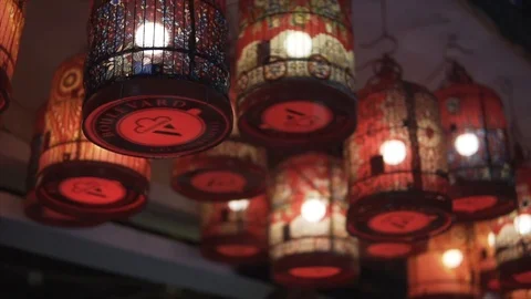 Colorful red lanterns spread light on the old street of Hoi An Ancient Town at Stock Footage 92134293