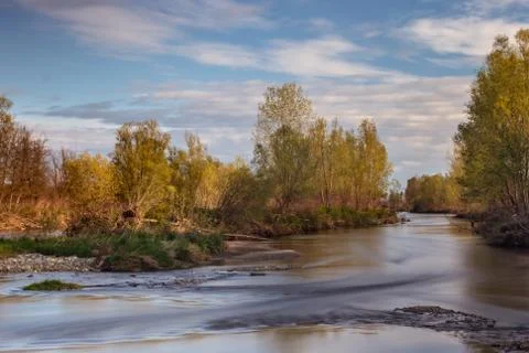 Colorful reflections of trees on the river Foto stock