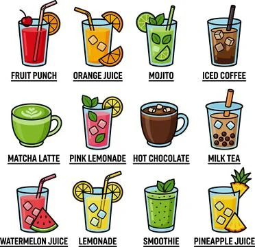 Colorful Refreshing Drinks Collection with Fruit Punch Orange Juice Mojito .. Stock Illustration