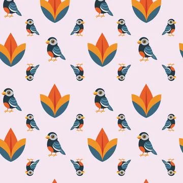 Colorful Repeating Pattern of Birds and Geometric Floral Shapes Stock Illustration