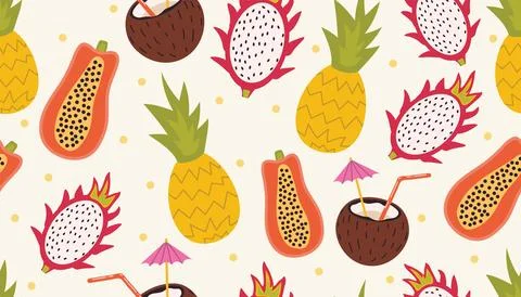 Colorful repeating pattern with cartoon pineapples, papayas, coconuts, and .. 스톡 일러스트