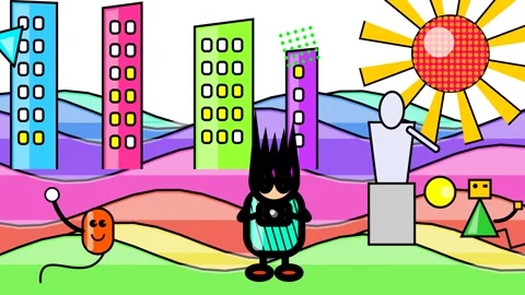 Colorful Retro 2D Animation Of Abstract City With Quirky Cartoon Characters Stock-Footage 341366644