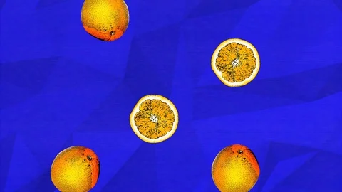 Colorful retro falling cut and whole oranges animation on a blue geometric ba Vídeo Stock 114654660