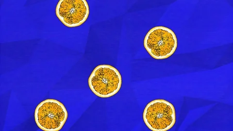 Colorful retro falling cut oranges animation on a blue geometric background w Vídeo Stock 114654856