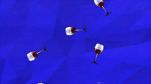 Colorful retro falling red wine glasses animation on a blue geometric backgro Vídeo Stock 114654382