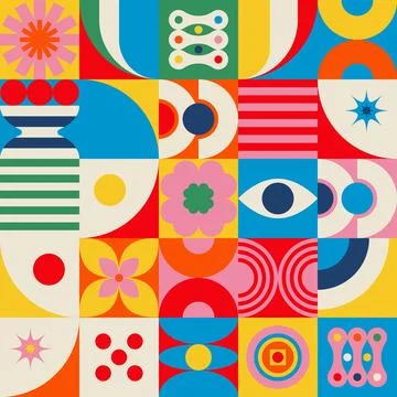 Colorful Retro Geometric Mosaic Pattern with Flowers and Eyes Stock Illustration