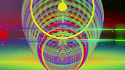 Colorful Retro Glitch Target Concentric Rings, VHS Scanlines Digital BG 库存影片 336553377