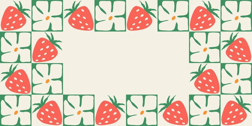 Colorful retro style rectangular frame of strawberries and flowers . Vintage Stock Illustration