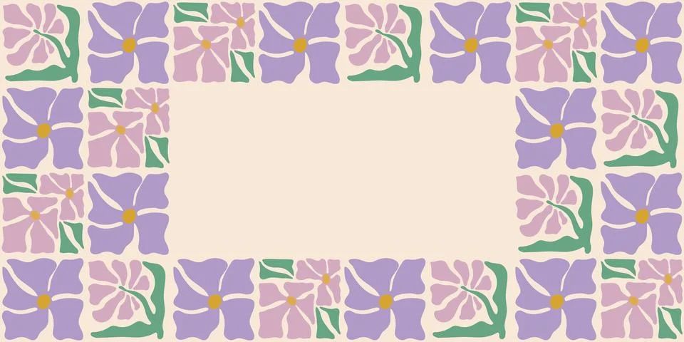 Colorful retro style rectangular frame featuring lavender flowers. Vintage style Stock Illustration
