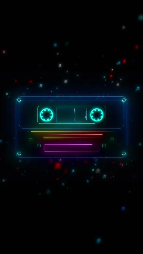 Colorful retro tape audio visual neon cassette lines, floating music notes, and Stock Footage 340556653