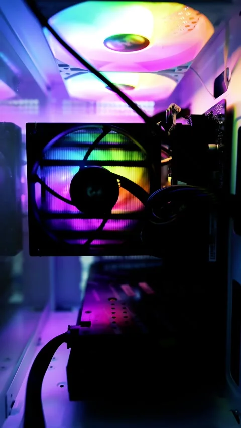 Colorful RGB lighting inside a computer case with cooling fans Stock Footage 315981874