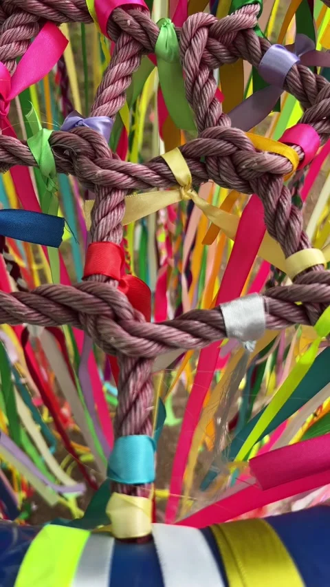 Colorful Ribbons Hanging on Braided Thin Ropes, Top View Video stock 309463515