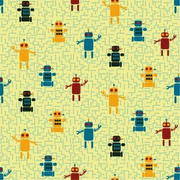 Colorful robots seamless vector pattern on yellow Stock Illustration