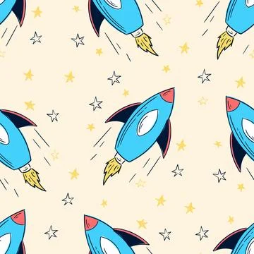 Colorful rocket pattern with stars on a light background for kids fun and Stock Illustration