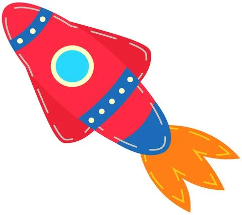 Colorful rocket with round window and flame. Launch of toy space object for Stock Illustration