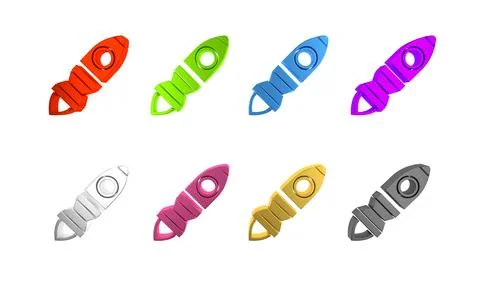 Colorful Rocket ship with fire icon isolated on white background. Space tra.. Illustrazione stock