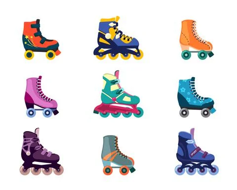 Colorful rollers on shoes set. Active fun fitness with inline skating jogging Stock Illustration