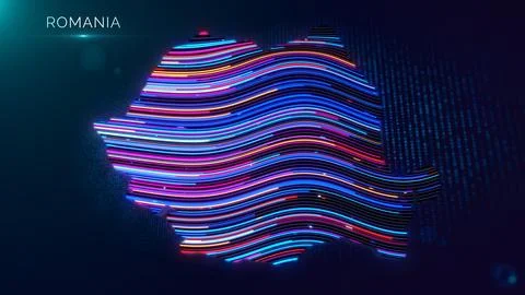 Colorful Romania Map Featuring Dynamic Neon Wave Patterns Stock Illustration