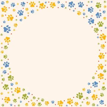 Colorful round frame filled with multicolored dog paw prints on beige backg.. Stock Illustration