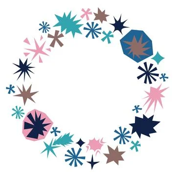 Colorful round frame made of irregular stars and simple geometric cut shape.. Stock Illustration