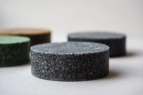 Colorful round solid shampoo bars, zero waste Stock Photos